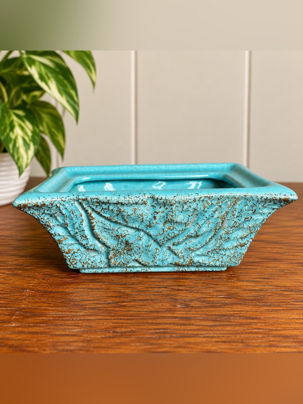 Vintage Gilmer Turqiouse Gold Flake Rectangle Ceramic Planter